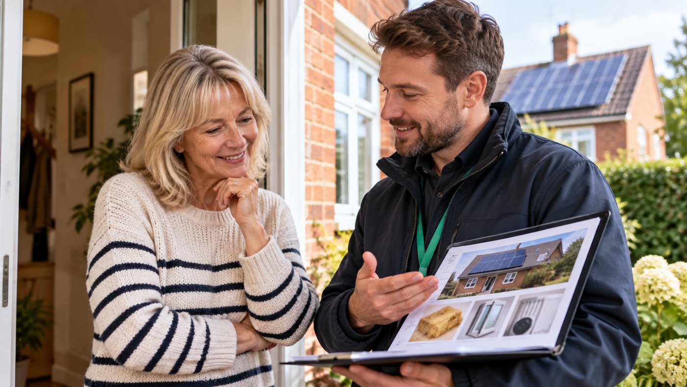 Consulente energetico che mostra a una proprietaria le possibili soluzioni per la casa